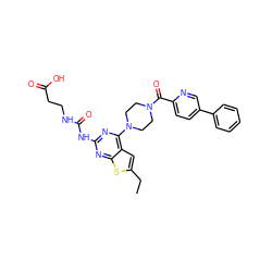 CCc1cc2c(N3CCN(C(=O)c4ccc(-c5ccccc5)cn4)CC3)nc(NC(=O)NCCC(=O)O)nc2s1 ZINC000049678581