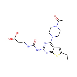 CCc1cc2c(N3CCN(C(C)=O)CC3)nc(NC(=O)NCCC(=O)O)nc2s1 ZINC000045334416