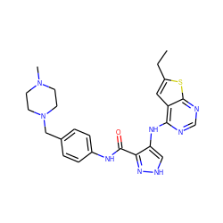 CCc1cc2c(Nc3c[nH]nc3C(=O)Nc3ccc(CN4CCN(C)CC4)cc3)ncnc2s1 ZINC001772607681