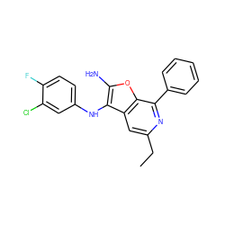 CCc1cc2c(Nc3ccc(F)c(Cl)c3)c(N)oc2c(-c2ccccc2)n1 ZINC000223028190