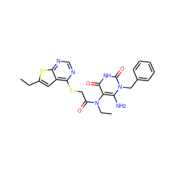 CCc1cc2c(SCC(=O)N(CC)c3c(N)n(Cc4ccccc4)c(=O)[nH]c3=O)ncnc2s1 ZINC000003408405