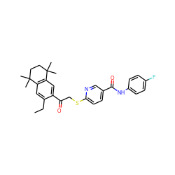 CCc1cc2c(cc1C(=O)CSc1ccc(C(=O)Nc3ccc(F)cc3)cn1)C(C)(C)CCC2(C)C ZINC000261146732