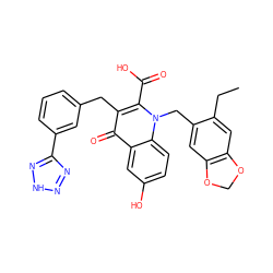 CCc1cc2c(cc1Cn1c(C(=O)O)c(Cc3cccc(-c4nn[nH]n4)c3)c(=O)c3cc(O)ccc31)OCO2 ZINC001772585913