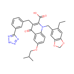 CCc1cc2c(cc1Cn1c(C(=O)O)c(Cc3cccc(-c4nn[nH]n4)c3)c(=O)c3cc(OCC(C)C)ccc31)OCO2 ZINC001772614380