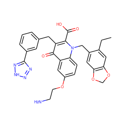 CCc1cc2c(cc1Cn1c(C(=O)O)c(Cc3cccc(-c4nn[nH]n4)c3)c(=O)c3cc(OCCN)ccc31)OCO2 ZINC001772576958