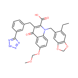 CCc1cc2c(cc1Cn1c(C(=O)O)c(Cc3cccc(-c4nn[nH]n4)c3)c(=O)c3cc(OCOC)ccc31)OCO2 ZINC001772654022