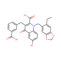 CCc1cc2c(cc1Cn1c(C(=O)O)c(Cc3cccc(C(=O)O)c3)c(=O)c3cc(O)ccc31)OCO2 ZINC000064527159