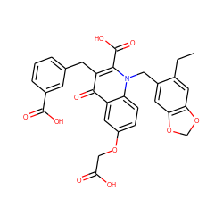 CCc1cc2c(cc1Cn1c(C(=O)O)c(Cc3cccc(C(=O)O)c3)c(=O)c3cc(OCC(=O)O)ccc31)OCO2 ZINC000064528091