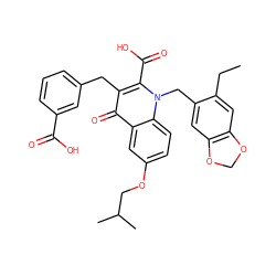 CCc1cc2c(cc1Cn1c(C(=O)O)c(Cc3cccc(C(=O)O)c3)c(=O)c3cc(OCC(C)C)ccc31)OCO2 ZINC000064513129