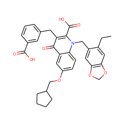 CCc1cc2c(cc1Cn1c(C(=O)O)c(Cc3cccc(C(=O)O)c3)c(=O)c3cc(OCC4CCCC4)ccc31)OCO2 ZINC001772589065