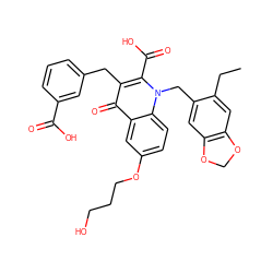 CCc1cc2c(cc1Cn1c(C(=O)O)c(Cc3cccc(C(=O)O)c3)c(=O)c3cc(OCCCO)ccc31)OCO2 ZINC000064527553