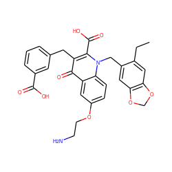 CCc1cc2c(cc1Cn1c(C(=O)O)c(Cc3cccc(C(=O)O)c3)c(=O)c3cc(OCCN)ccc31)OCO2 ZINC001772601446