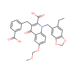 CCc1cc2c(cc1Cn1c(C(=O)O)c(Cc3cccc(C(=O)O)c3)c(=O)c3cc(OCOC)ccc31)OCO2 ZINC000064513681