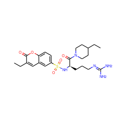 CCc1cc2cc(S(=O)(=O)N[C@H](CCCN=C(N)N)C(=O)N3CCC(CC)CC3)ccc2oc1=O ZINC000027900670