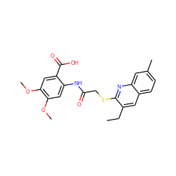 CCc1cc2ccc(C)cc2nc1SCC(=O)Nc1cc(OC)c(OC)cc1C(=O)O ZINC000008685418