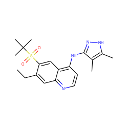 CCc1cc2nccc(Nc3n[nH]c(C)c3C)c2cc1S(=O)(=O)C(C)(C)C ZINC000202146224