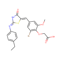 CCc1ccc(/N=C2/NC(=O)/C(=C/c3cc(Br)c(OCC(=O)O)c(OC)c3)S2)cc1 ZINC000013124099