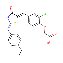 CCc1ccc(/N=C2/NC(=O)/C(=C/c3ccc(OCC(=O)O)c(Cl)c3)S2)cc1 ZINC000000979055