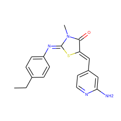 CCc1ccc(/N=C2\S/C(=C\c3ccnc(N)c3)C(=O)N2C)cc1 ZINC001772584146