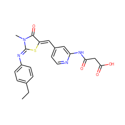 CCc1ccc(/N=C2\S/C(=C\c3ccnc(NC(=O)CC(=O)O)c3)C(=O)N2C)cc1 ZINC001772645269