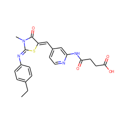 CCc1ccc(/N=C2\S/C(=C\c3ccnc(NC(=O)CCC(=O)O)c3)C(=O)N2C)cc1 ZINC001772638855