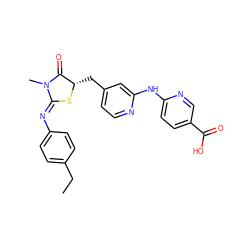 CCc1ccc(/N=C2\S[C@@H](Cc3ccnc(Nc4ccc(C(=O)O)cn4)c3)C(=O)N2C)cc1 ZINC001772635891