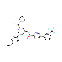 CCc1ccc([C@@H]2C[C@H](NC(=O)c3ccc(-c4cccc(C(F)(F)F)c4)cn3)CN(C(=O)C3CCCC3)C2)cc1 ZINC000068246383