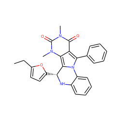 CCc1ccc([C@H]2Nc3ccccc3-n3c(-c4ccccc4)c4c(=O)n(C)c(=O)n(C)c4c32)o1 ZINC000072120615