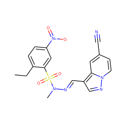 CCc1ccc([N+](=O)[O-])cc1S(=O)(=O)N(C)/N=C/c1cnn2ccc(C#N)cc12 ZINC000082150259