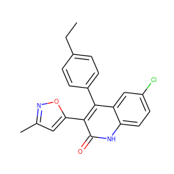 CCc1ccc(-c2c(-c3cc(C)no3)c(=O)[nH]c3ccc(Cl)cc23)cc1 ZINC000029126354