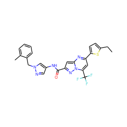 CCc1ccc(-c2cc(C(F)(F)F)n3nc(C(=O)Nc4cnn(Cc5ccccc5C)c4)cc3n2)s1 ZINC000000655532