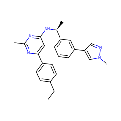 CCc1ccc(-c2cc(N[C@@H](C)c3cccc(-c4cnn(C)c4)c3)nc(C)n2)cc1 ZINC000205845791