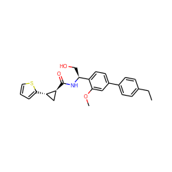 CCc1ccc(-c2ccc([C@H](CO)NC(=O)[C@H]3C[C@@H]3c3cccs3)c(OC)c2)cc1 ZINC000141350446