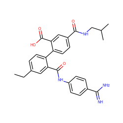 CCc1ccc(-c2ccc(C(=O)NCC(C)C)cc2C(=O)O)c(C(=O)Nc2ccc(C(=N)N)cc2)c1 ZINC000040411542