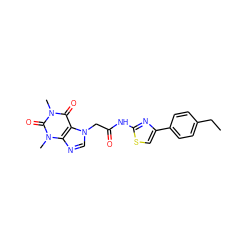 CCc1ccc(-c2csc(NC(=O)Cn3cnc4c3c(=O)n(C)c(=O)n4C)n2)cc1 ZINC000008778728