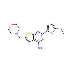 CCc1ccc(-c2nc(N)c3cc(CN4CCOCC4)sc3n2)o1 ZINC000118600135