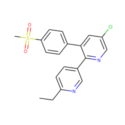 CCc1ccc(-c2ncc(Cl)cc2-c2ccc(S(C)(=O)=O)cc2)cn1 ZINC000000579475