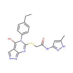 CCc1ccc(-n2c(SCC(=O)Nc3cc(C)[nH]n3)nc3nncc-3c2O)cc1 ZINC000101662601