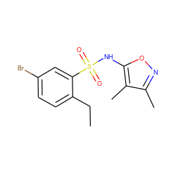 CCc1ccc(Br)cc1S(=O)(=O)Nc1onc(C)c1C ZINC000026482533