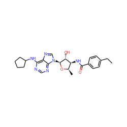 CCc1ccc(C(=O)N[C@H]2[C@@H](C)O[C@@H](n3cnc4c(NC5CCCC5)ncnc43)[C@@H]2O)cc1 ZINC000013473181