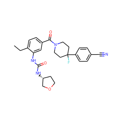 CCc1ccc(C(=O)N2CCC(F)(c3ccc(C#N)cc3)CC2)cc1NC(=O)N[C@@H]1CCOC1 ZINC000150191258