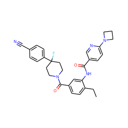 CCc1ccc(C(=O)N2CCC(F)(c3ccc(C#N)cc3)CC2)cc1NC(=O)c1ccc(N2CCC2)nc1 ZINC000150337717