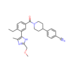 CCc1ccc(C(=O)N2CCC(c3ccc(C#N)cc3)CC2)cc1-c1[nH]c(COC)nc1C ZINC000141913923