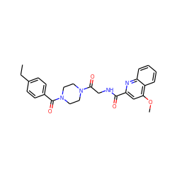 CCc1ccc(C(=O)N2CCN(C(=O)CNC(=O)c3cc(OC)c4ccccc4n3)CC2)cc1 ZINC000144886916