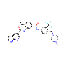 CCc1ccc(C(=O)Nc2ccc(CN3CCN(C)CC3)c(C(F)(F)F)c2)cc1NC(=O)c1cnc2[nH]ccc2c1 ZINC000169311390