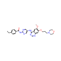 CCc1ccc(C(=O)Nc2ncc(Nc3ncnc4cc(OCCCN5CCOCC5)c(OC)cc34)cn2)cc1 ZINC000014949909