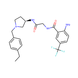 CCc1ccc(CN2CC[C@@H](NC(=O)CNC(=O)c3cc(C(F)(F)F)ccc3N)C2)cc1 ZINC000029125737