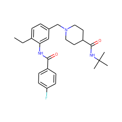 CCc1ccc(CN2CCC(C(=O)NC(C)(C)C)CC2)cc1NC(=O)c1ccc(F)cc1 ZINC001772642306