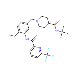 CCc1ccc(CN2CCC(C(=O)NC(C)(C)C)CC2)cc1NC(=O)c1cccc(C(F)(F)F)n1 ZINC001772628914