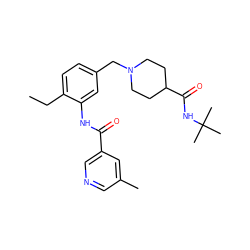 CCc1ccc(CN2CCC(C(=O)NC(C)(C)C)CC2)cc1NC(=O)c1cncc(C)c1 ZINC001772587430